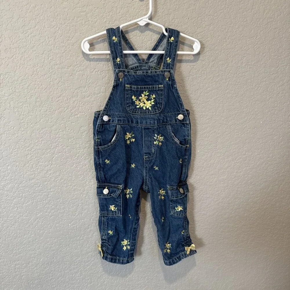 Vintage Jeans wear Overalls Toddler Girls Size 18 Months Denim Yellow Embroidery